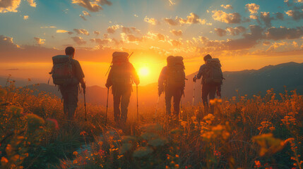 Wall Mural - Silhouettes of four young hikers with backpacks are walking in mountains at sunset time.