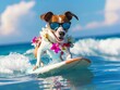 A Jack Russell dog surfing on a wave in the ocean during summer vacation holidays, adorned with cool sunglasses and a flower chain. 