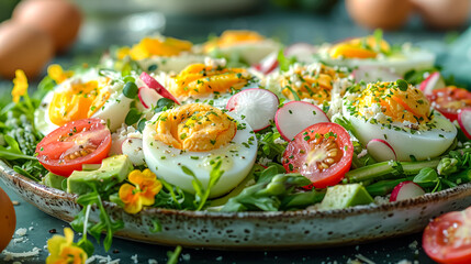 Wall Mural - A plate of food with a fried egg and tomatoes. The plate is full of food and looks delicious