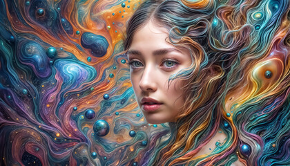 Wall Mural - Beautiful fantasy girl. Surreal woman. Long colorful hair. The hair is woven into threads and dye