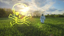 Scientist In Protective Suit And Gas Mask Inspect And Measure Danger Area. Skull Sign.