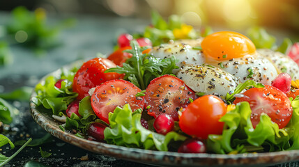 Wall Mural - A plate of food with a fried egg and tomatoes. The plate is full of food and looks delicious