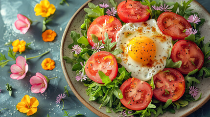 Wall Mural - A plate of food with a fried egg and tomatoes. The plate is full of food and looks delicious