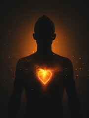 Wall Mural - Fiery energy glowing in the heart of a person. Dark silhouette of a man with a luminous heart and a light sparkling aura around the body. Love, kindness, soul and spirituality concepts.