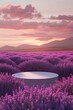 A serene product display podium set against a majestic lavender field bathed in the warm glow of a setting sun, providing ample copy space.