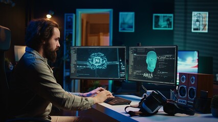 Poster - developer using vr headset to chat with sentient artificial intelligence with own autonomy. programm