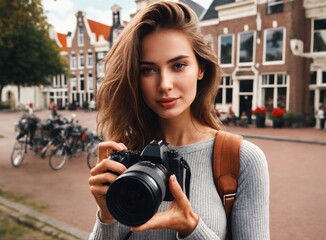 A captivating portrait of a European girl tourist, her eyes reflecting the charm of an old European city. The image beautifully captures the essence of travel.