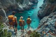 Three hikers with backpacks on coastal cliff, admiring water below