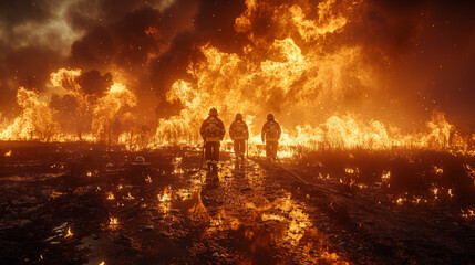 Poster - Silhouette of Firemen fighting a raging fire with huge flames of burning timber.