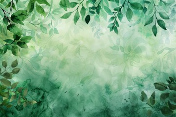 Wall Mural - Green watercolor painting of leaves on a foliagefilled background