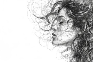 Aufkleber - A graphic black and white image showcasing the beauty and intricate patterns of curly hair against a white backdrop