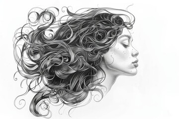 Poster - A visually striking illustration of curly hair with detailed patterns, partially hiding the face with a blend of realism and abstraction