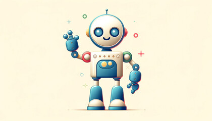 a cute, cartoonish robot waving hello, styled in bright, appealing colors.