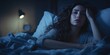 Depressed woman awake insomnia blue light -, concept of Stress