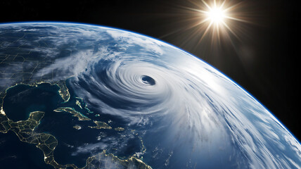 View of a swirling hurricane in the Atlantic Ocean from space