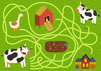 Sticker - Help mother cow to find a way to her baby calf. Farm maze activity for kids. Mini game for school and preschool. Vector illustration