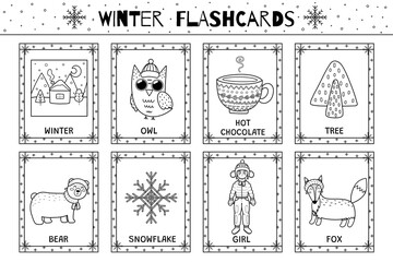 Poster - Winter flashcards black and white  collection for kids. Flash cards set with cute characters in outline for coloring. Learning to read activity for children. Vector illustration