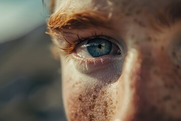 Poster - The photo captures a detailed close-up of a person's eye, showcasing vibrant blue iris, eyelashes, and freckled skin around