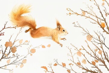 Poster - A whimsical portrayal of a flying squirrel surrounded by gently falling autumn leaves in a pale color palette