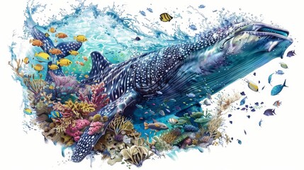 Poster - A vivid and intricately detailed illustration showcases a majestic whale gliding through a colorful, bustling marine scene