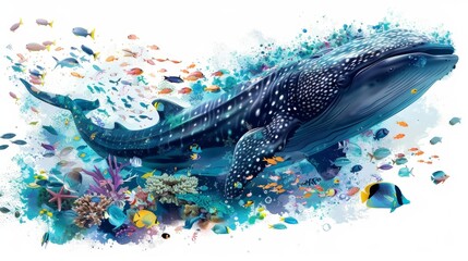 Poster - An expressive illustration captures the grace of a whale accompanied by various fish swimming in the serene blue ocean waters