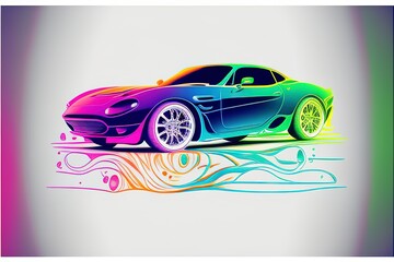 Wall Mural - colorful car on a white, grey background. shiny automobile with rainbow colors. 3d illustration made with generative AI technology
