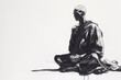 A minimalist black and white sketch illustration of a monk meditating, promoting a sense of peace and tranquility