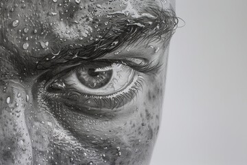Poster - Close-up of a hyper-realistic eye illustration with water droplets adding a sense of depth and texture