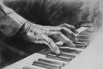 Poster - An intricately sketched hand pressing piano keys, capturing the essence of music and motion in monochrome