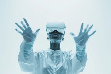 Poster - An individual in white gear with a VR headset on against a white background represents technology and innovation