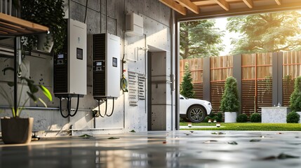 battery packs alternative electric energy storage system at home garage wall as backup or sustainable energy concepts