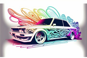 Wall Mural - colorful car on a white, grey background. shiny automobile with rainbow colors. 3d illustration made with generative AI technology
