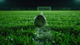 Fototapeta Sport - Close up a soccer ball in field grass stadium at night scene. AI generated image