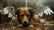 cachorro com asas de anjo aprisionado a correntes 