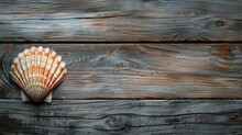 Beautiful Artistic Shell On Rustic Wooden Board Background. AI Generated Image