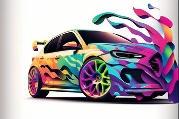 Wall Mural - colorful car on a white, grey background. shiny automobile with rainbow colors. 3d illustration made with generative AI technology
