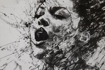 Aufkleber - A detailed image depicting a woman screaming, created through dynamic black and white paint smears and splashes