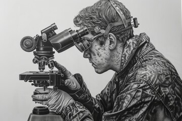 Aufkleber - A hyper-realistic pencil drawing featuring a man engrossed in microscope research, showcasing immense detail