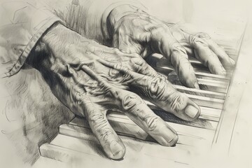 Poster - A detailed pencil sketch showcasing the intricate movement of hands playing piano keys with expressive realism