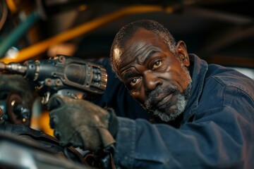 Fototapete - A mechanic is meticulously working under the hood of a car, hands-on with tools, demonstrating expertise and focus