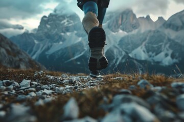 a close-up of a hiking boot mid-step in rugged terrain implies progress and the spirit of adventure