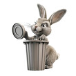 Playful cartoon rabbit causing chaos by toppling a garbage can in isolated transparent background