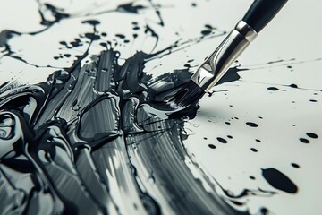 Aufkleber - High-resolution close-up depicting the texture and glossy sheen of a black ink brush stroke on a smooth surface