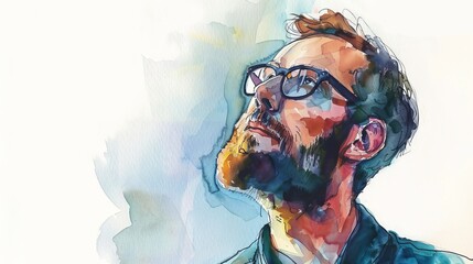 Aufkleber - A captivating watercolor painting depicting a pensive man in a contemplative pose, showcasing artistic splashes and strokes