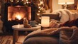 Envision a cozy, inviting living room on a chilly winter evening, with a roaring fireplace, soft blankets, and a steaming mug of hot cocoa on a side table. Generative AI