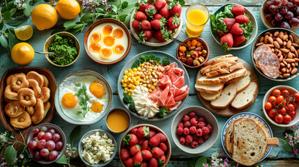 A table full of food including fruits, vegetables, and bread. The table is set for a meal and the food is arranged in various bowls and plates