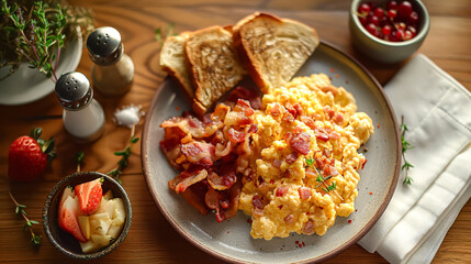 Wall Mural - There is a plate of bacon and scrambled eggs on a wooden table. There is also a bowl of strawberries on the table.