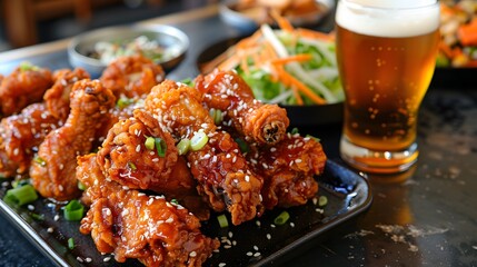 Wall Mural - Chimaek chicken and beer, crispy Korean fried chicken paired with a cold beer, a popular combo