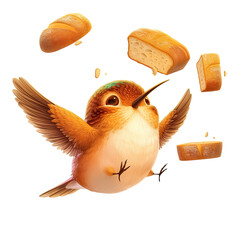 Wall Mural - A playful cartoon hummingbird juggles loaves of bread in the air, showcasing its whimsical and agile nature in a fun setting. Isolated on transparent