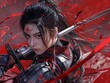 Digital art of female samurai with a katana. Mysterious futuristic female ninja kunoichi assassin.